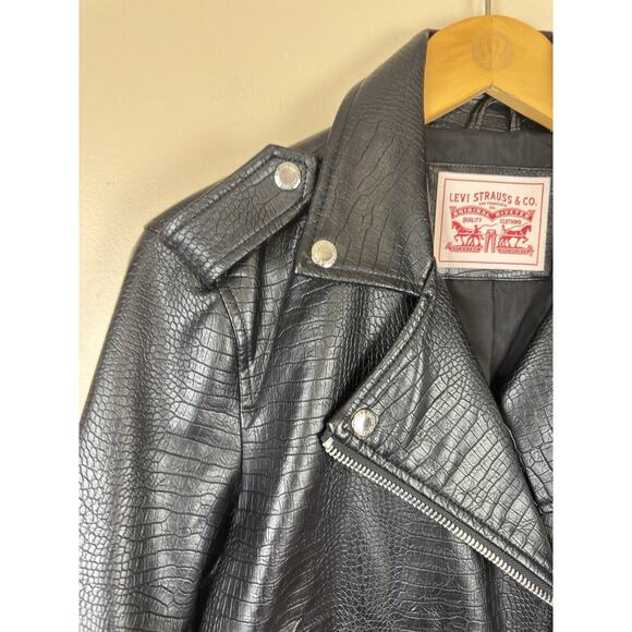 Levi’s Women’s Faux Leather Biker Jacket Small Black Crocodile Retro - Picture 5 of 14